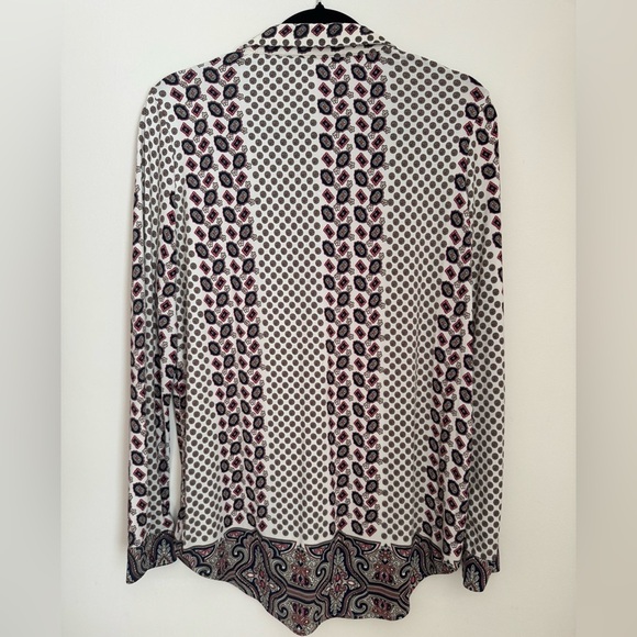 BCBGMaxAzria Boho Paisley Geometric Lace Up Blouse Size Large Dressy Casual Top - Picture 3 of 6